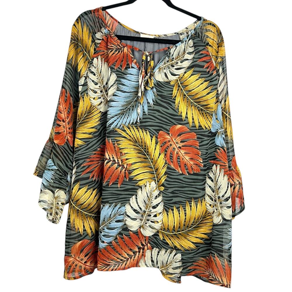 143 STORY by Line Up Dark Florals Leaf Print Chiffon Blouse Ruffled Sleeves 2X